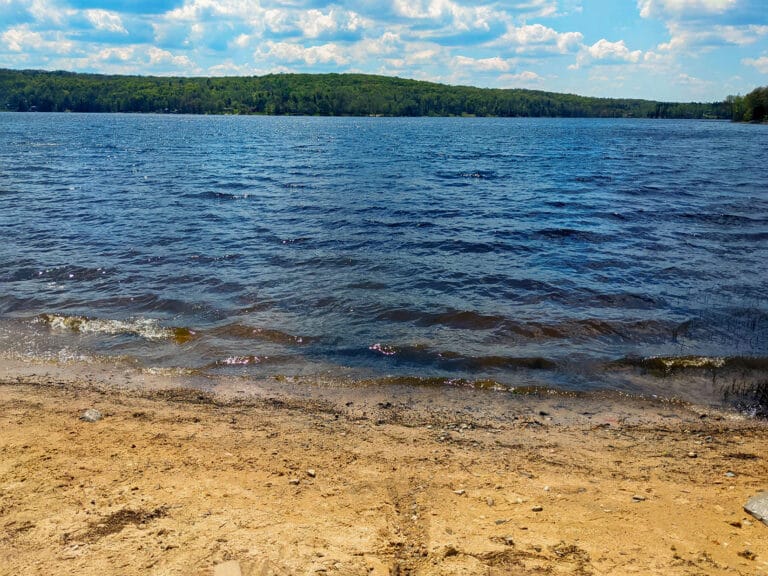 A sandy shoreline leads to a sturdy wooden dock that stretches out into the serene lake. The water is clear, and trees frame the horizon under a bright sky.